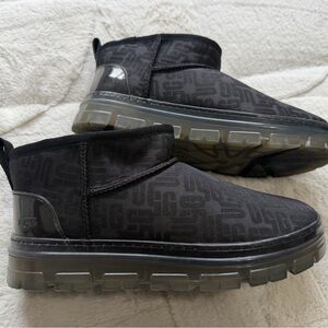 NEW! $150 UGG Classic Ultra Mini Monogram Clear Black WATER-RESISTANT Boots 8